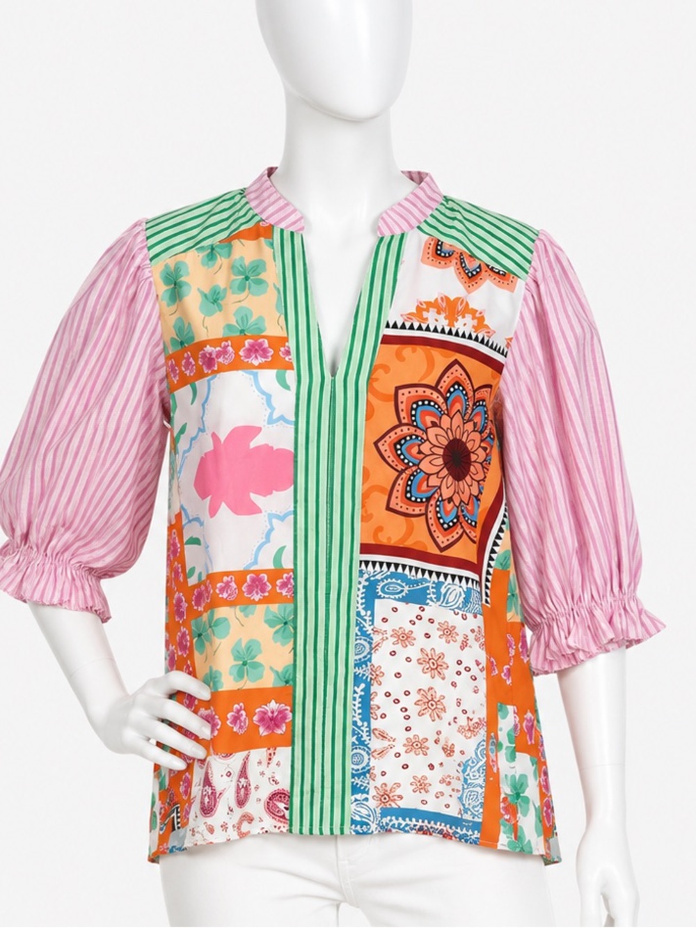 THML Patchwork Print Blouse Pink Stripe Puff Sleeve V Neck Size Small